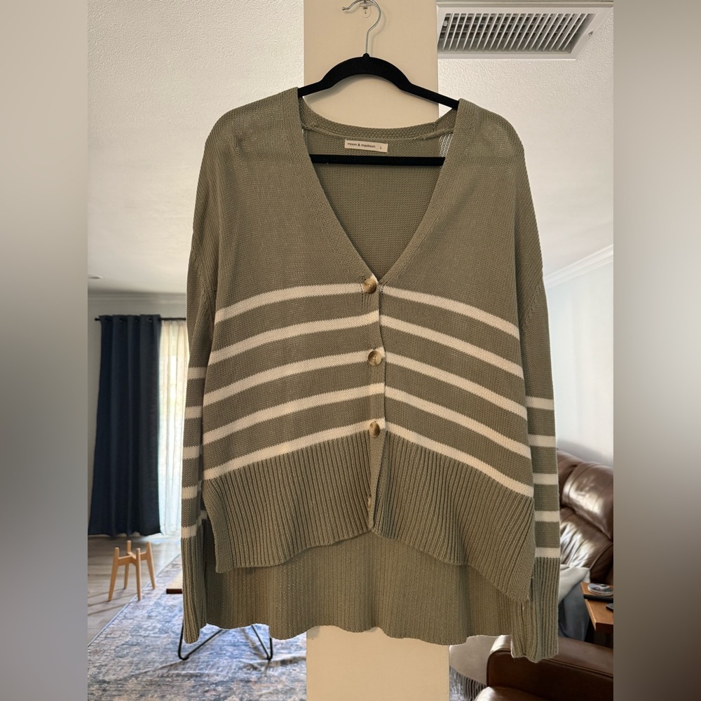 Green and White Cardigan Sweater with Ribbed Knit Texture